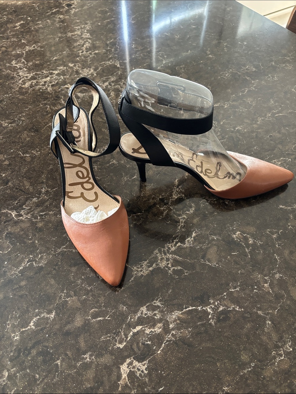 Black & Brown Leather Ankle-Strap Heels